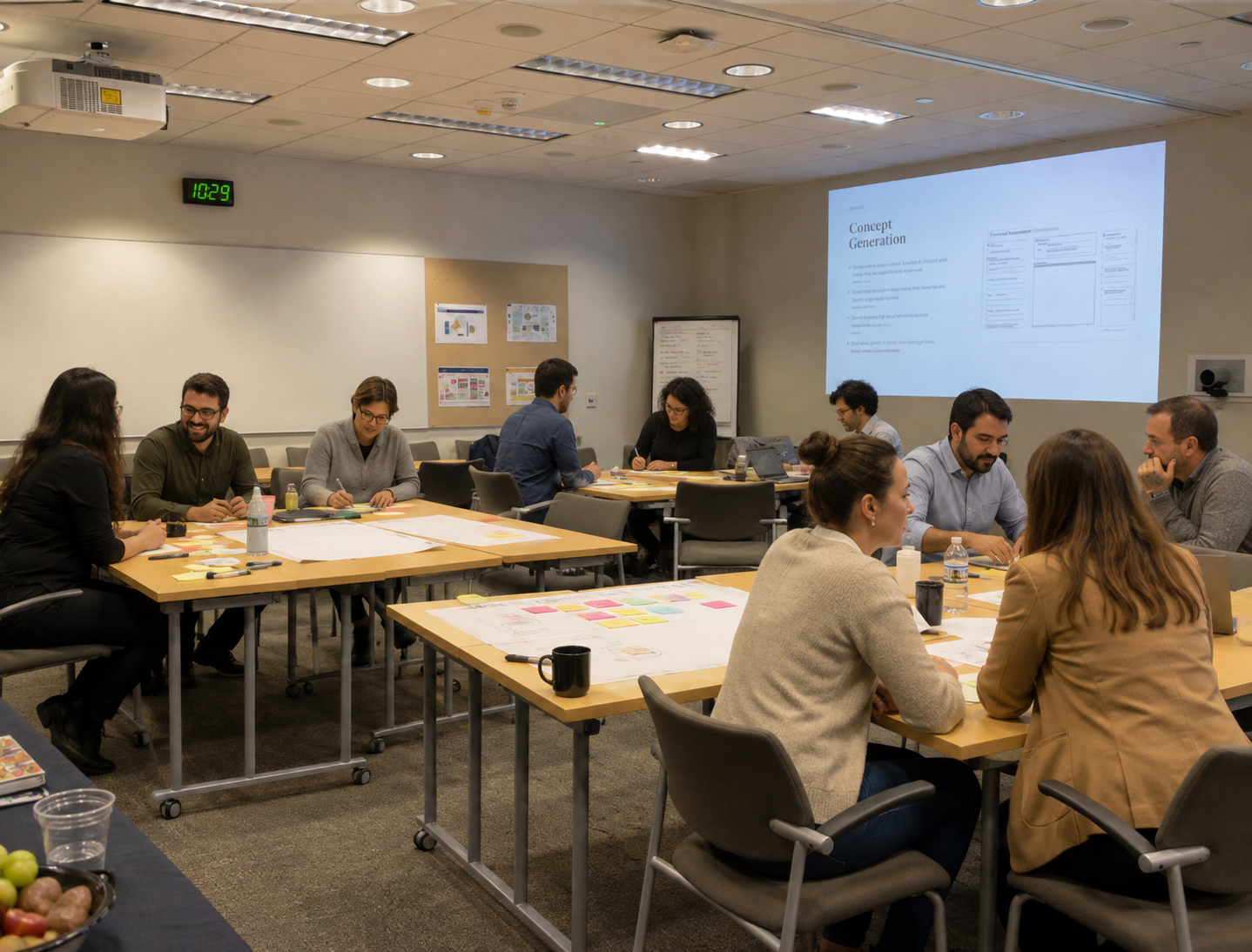 Design thinking workshop with teams collaborating on concepts